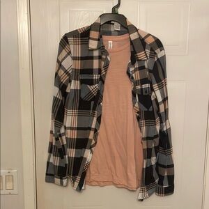 Plaid Button-Up Shirt with Pink Tee